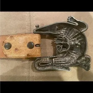 Huge Kieselstein-Cord Sterling Alligator Buckle W. Neutral Ostrich Belt Size 30 Huge Kieselstein-Cord Sterling Alligator Buckle With Brown  main image 3